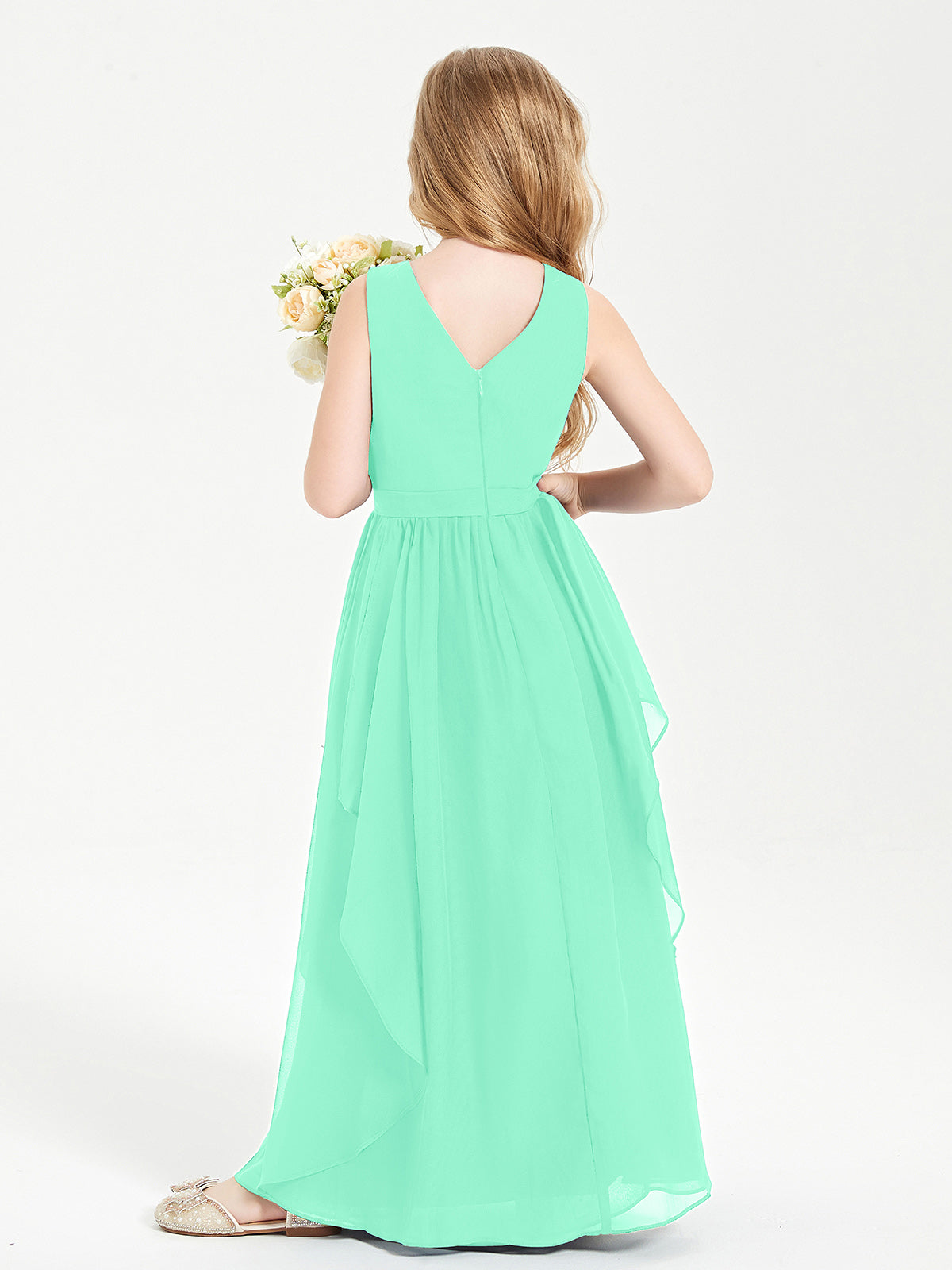 Boho Sleeveless Junior Chiffon Bridesmaids Gown Turquoise
